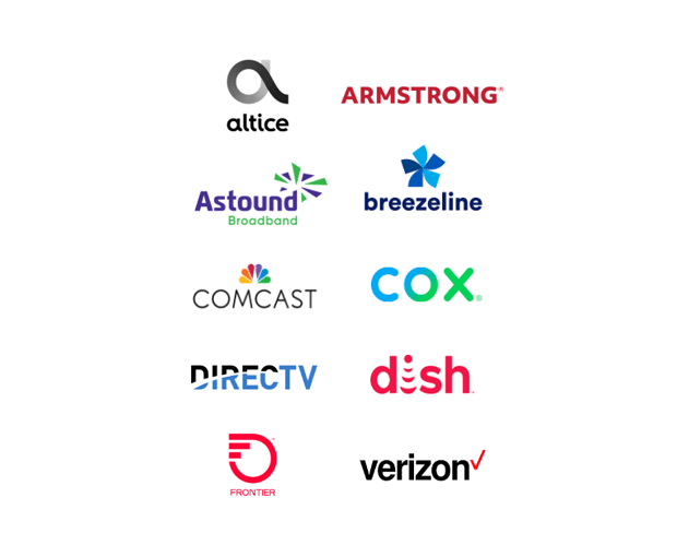 affiliate cable provider include Altice, Armstrong, Astound, Breezeline, Comcast, Cox, DirectTV, DISH, Frontier, and Verizon logos